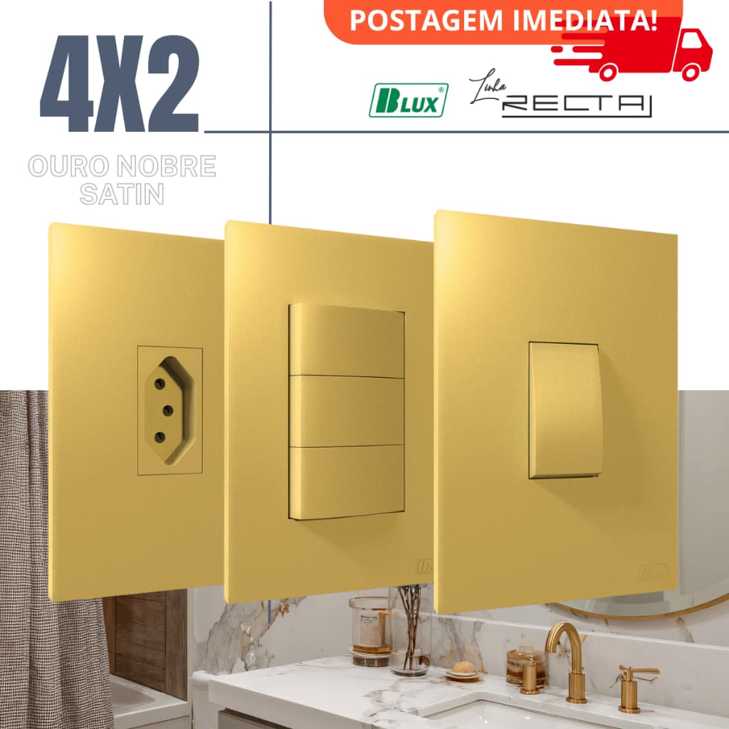 Tomada 10a 20a Dourada Ouro Nobre 4x2 Recta Satin Fosca Interruptor Simples Paralelo Conjunto Completo BLUX