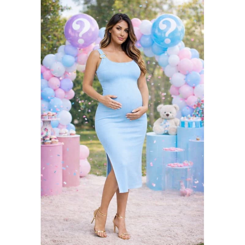 Vestido Gestante Mídi Canelado Um Ombro Só manga nula Fenda Lateral Elegante Confortável