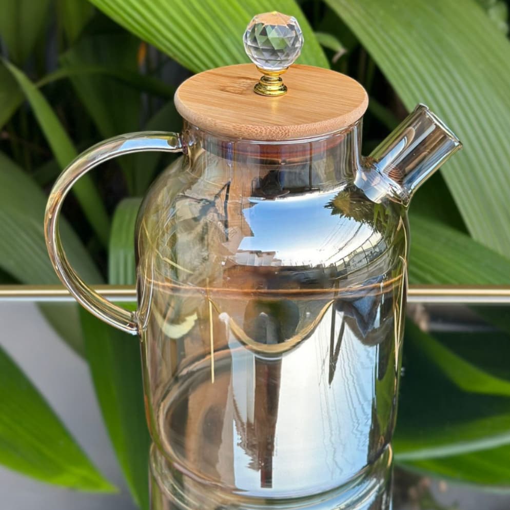 Bule Chaleira de Vidro Âmbar que vai ao fogo Borossilicato com Infusor cozinha Tampa Bambu 1,8Litros