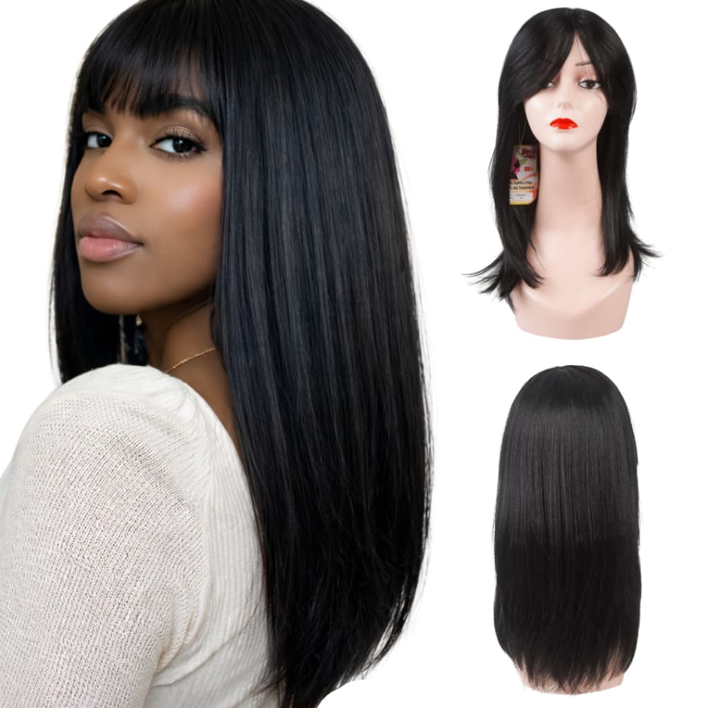 Peruca Lisa Com Franja Tamanho Médio Fibra Premium + Wig Cap