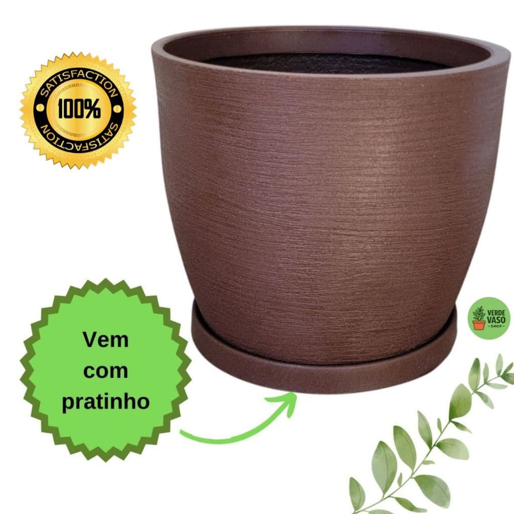 Vaso para Plantas em Plástico Polietileno Tam G com Prato Bojo Redondo Textura Grafiato