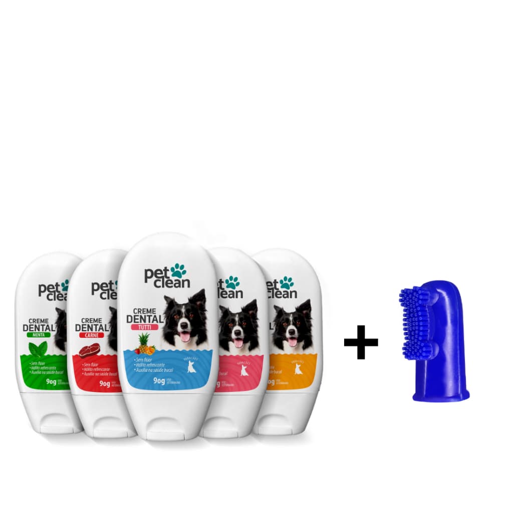 Kit Creme Dental + Escova Dedeira para Cães Gato Pet Clean