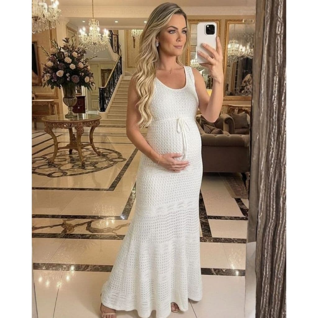 Vestido Gestante Longo Feminino Tricot Modal Vazado Rendado Elegante Moda Verão Festa Casual