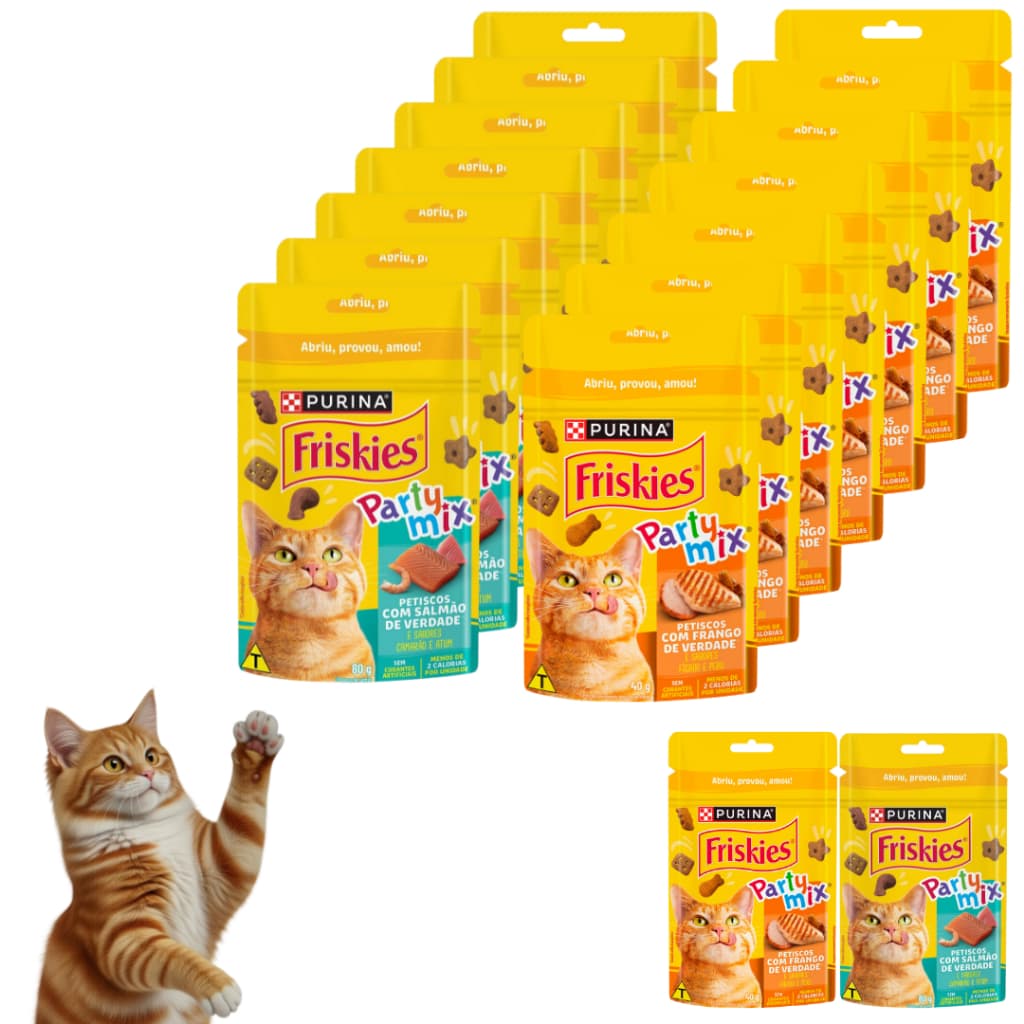KIt Petisco Friskies Party Mix 1 Caixa de Frango 1 Caixa Salmão  Para Gatos Total = 30 unidades