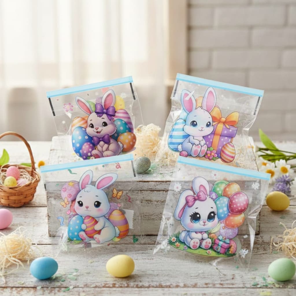 KIT 50 SAQUINHOS AUTO ADESIVOS DE PÁSCOA FESTAS LEMBRANCINHAS INFANTIL PACOTINHO EMBALAGEM COELHO