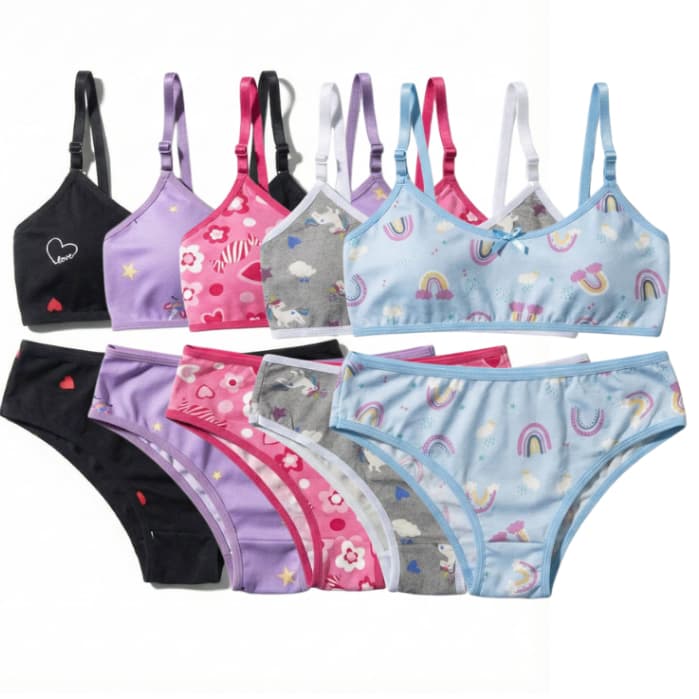 kit 5 Conjuntos Sutiã e Calcinha Juvenil Lingerie Menina Moça Infantil Roupa de Menina Intima Suede top estampado fecho