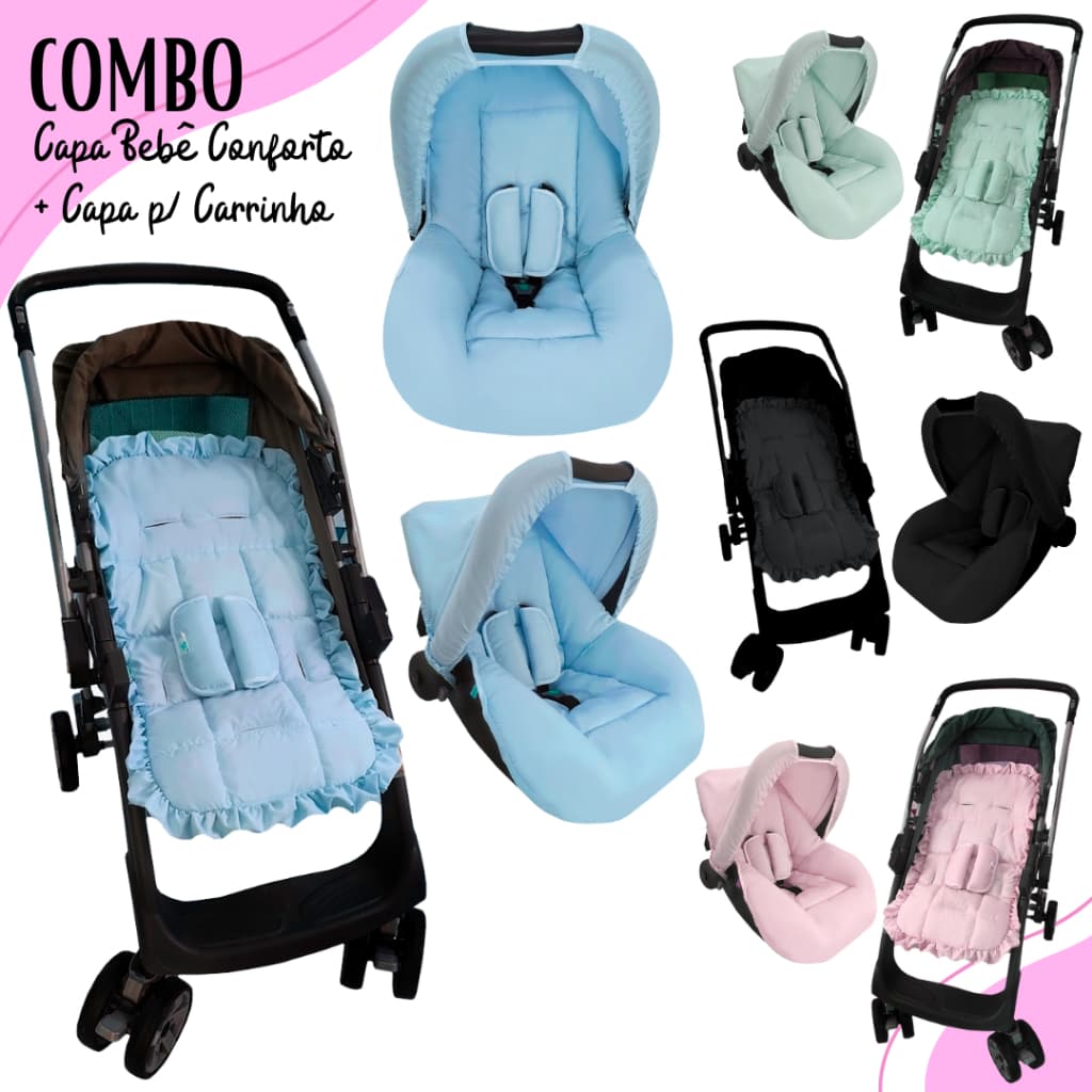 Capa de Carrinho e Capa Bebe Conforto Com Protetores de Cinto e Capota Menino Menina