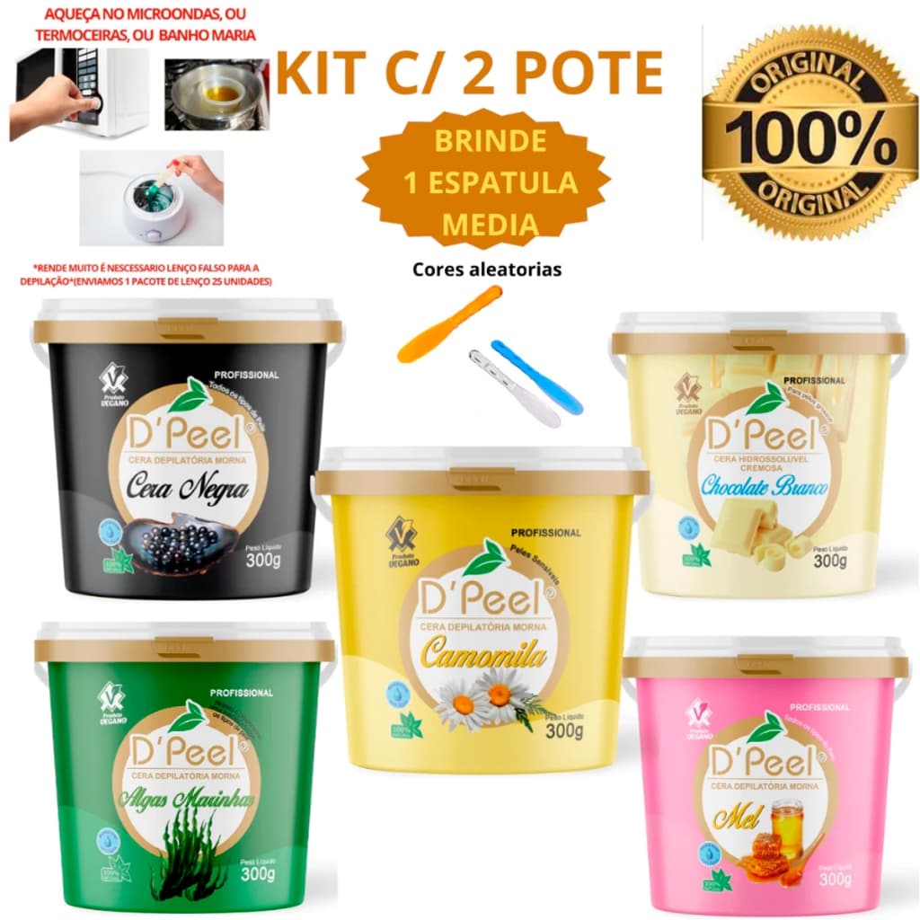 Kit 2 Cera Depilatória 300g Hidrossolúvel Vegano Natural Linha Profissional 1 Espátula Brinde Depilação Morna Quente