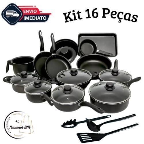 Conjunto de Panelas 16 Peças Preto Antiaderente com Teflon e Tampas de Vidro – Diversas Cores