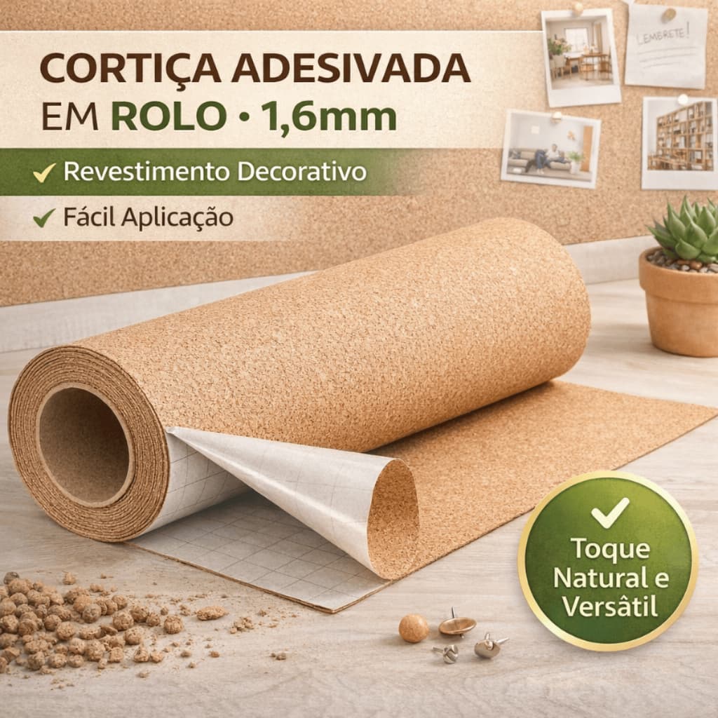 Cortiça Rolo Adesivada 1,6mm Revestimento Decorativo Painel de Avisos