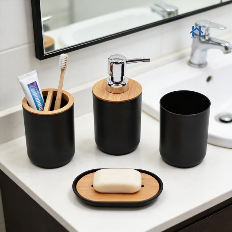 Kit Para Banheiro Com 4 Peças Lavabo Luxuoso Preto ou Branco Com Bambu  Moderno e  Muito Elegante