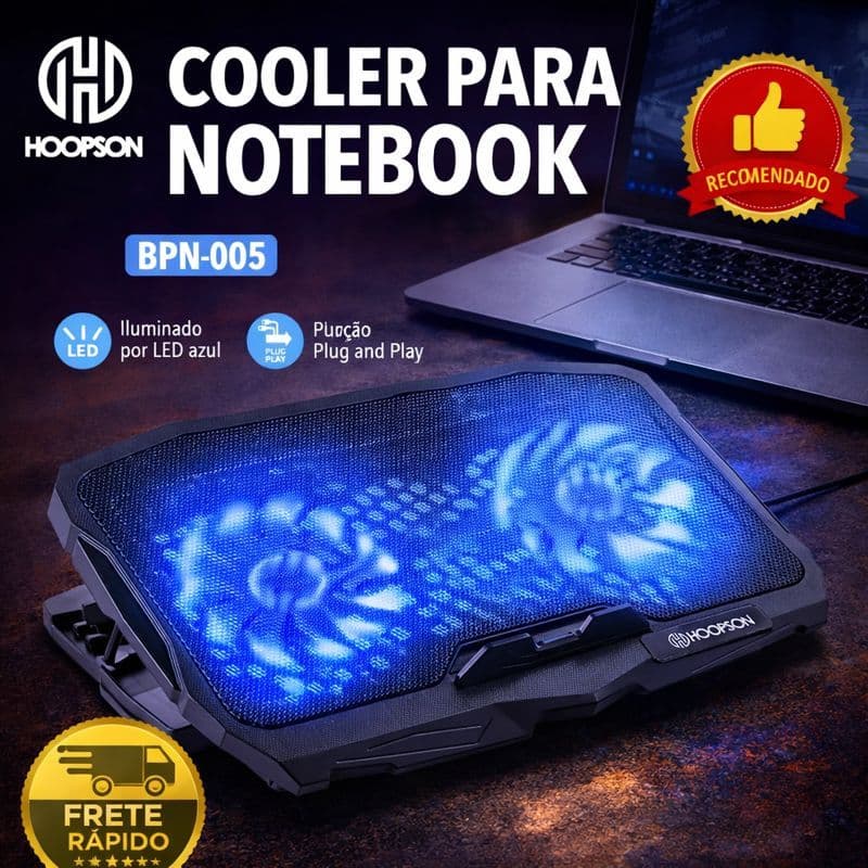 Base Cooler para Notebook Hoopson LED Azul 2 Fans Silenciosos USB Ajustável Original c/ Garantia
