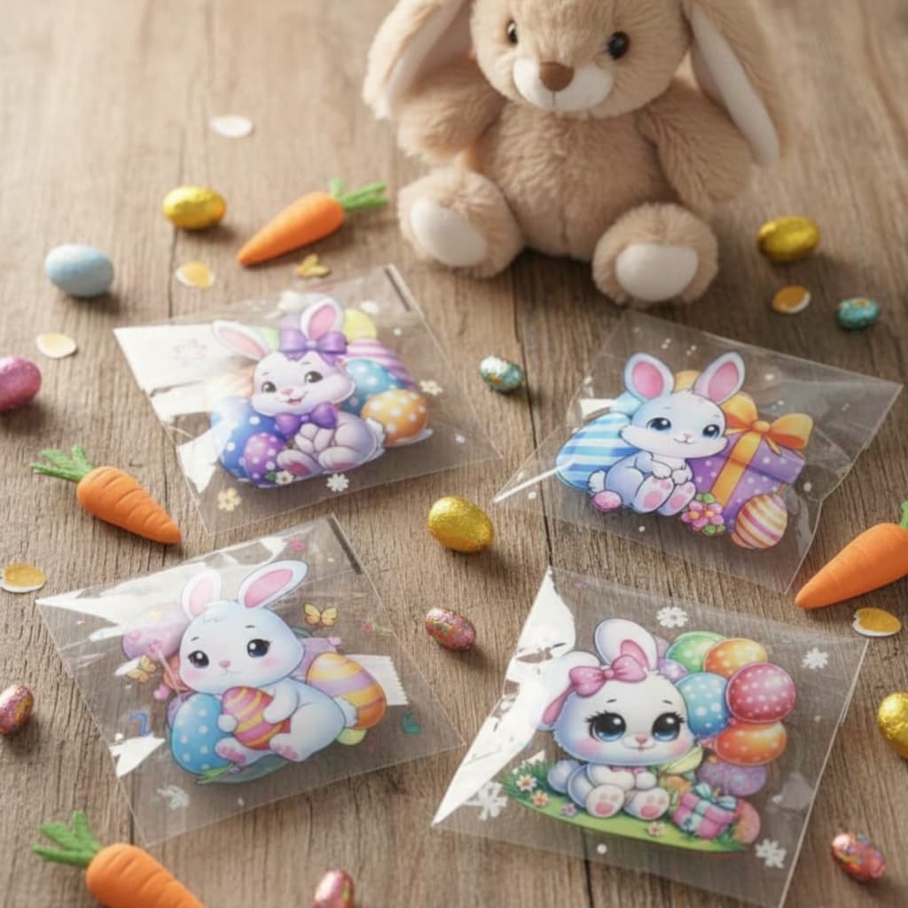 KIT 50 SAQUINHOS AUTO ADESIVOS PÁSCOA COELHINHO FESTA TEMÁTICA PACOTINHOS EMBALAGEM COELHO