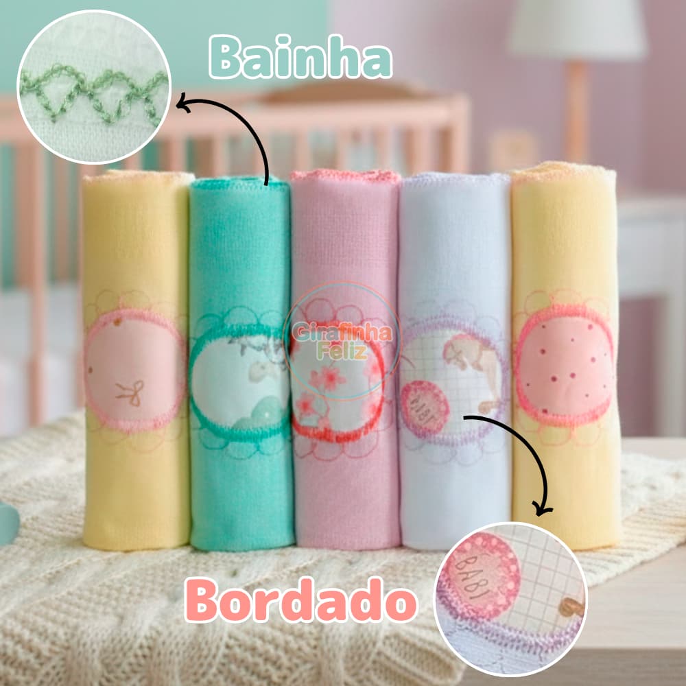 Kit 5 Fraldas de Pano Para Bebê Bordadas Coloridas 70x70cm Tecido Duplo 100% Algodão Menino Menina