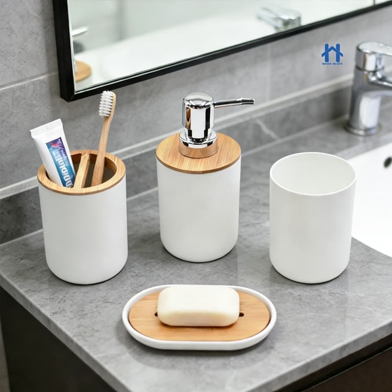 Kit Para Banheiro Com 4 Peças Lavabo Luxuoso Preto ou Branco Com Bambu Moderno e Muito Elegante