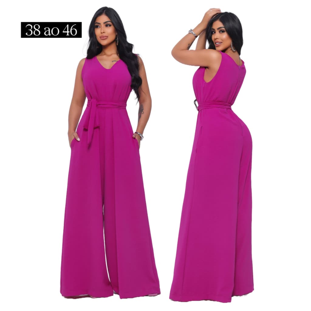 Macacão Feminino Elegante Pantalona Com Bolso e Faixa na Cintura Tecido Crepe Dunas do 38 ao 46