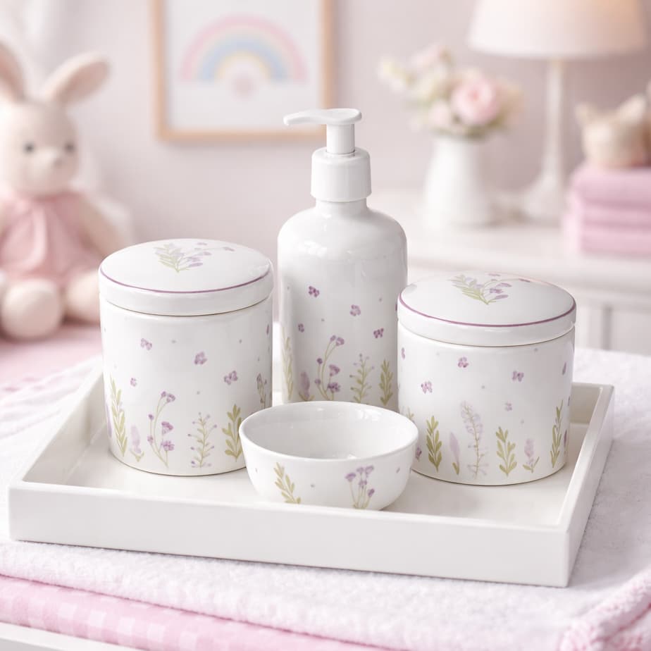 Kit Higiene Bebe Porcelana Jardim Lilas Encantado Menina Delicado