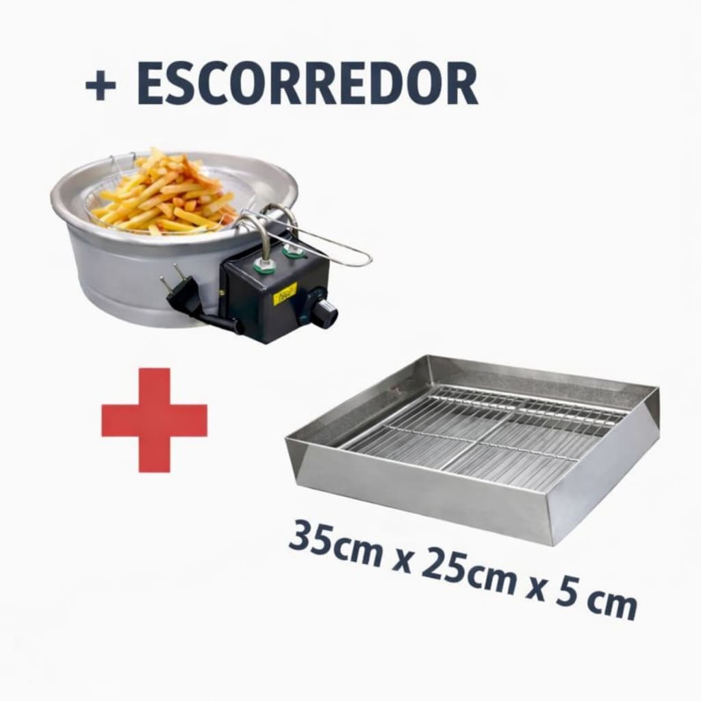 Fritadeira Elétrica Tacho 5L Inox Profissional + Escorredor de Fritura 35x25x5