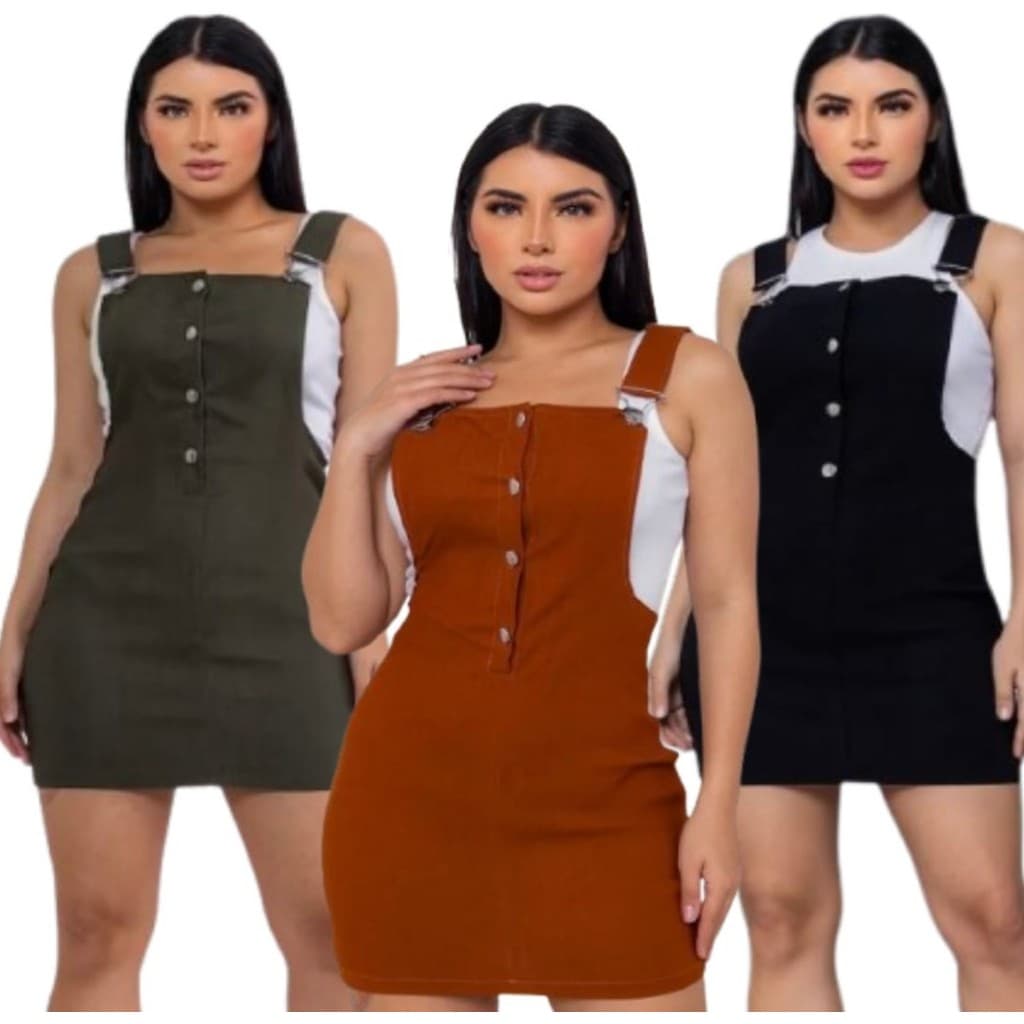 Kit 3 Vestido Jardineira Feminino Bengaline Moda Blogueira Top