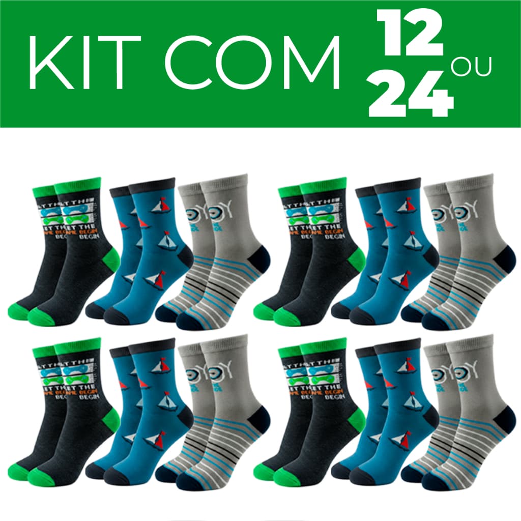 Kit 12 ou 24 Pares Meia Infantil Escolar Cano Alto Menino Menina Divertida Estampada Criança