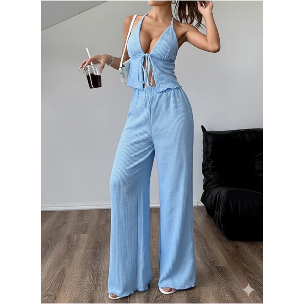 Conjunto Feminino Liz Calça Pantalona + Blusinha Top Amarração Look Versátil Moda Verão