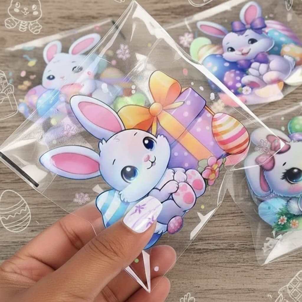 KIT 100 SAQUINHOS AUTOADESIVOS PACOTINHOS COM FITA ADESIVA PÁSCOA FESTA LEMBRANCINHA