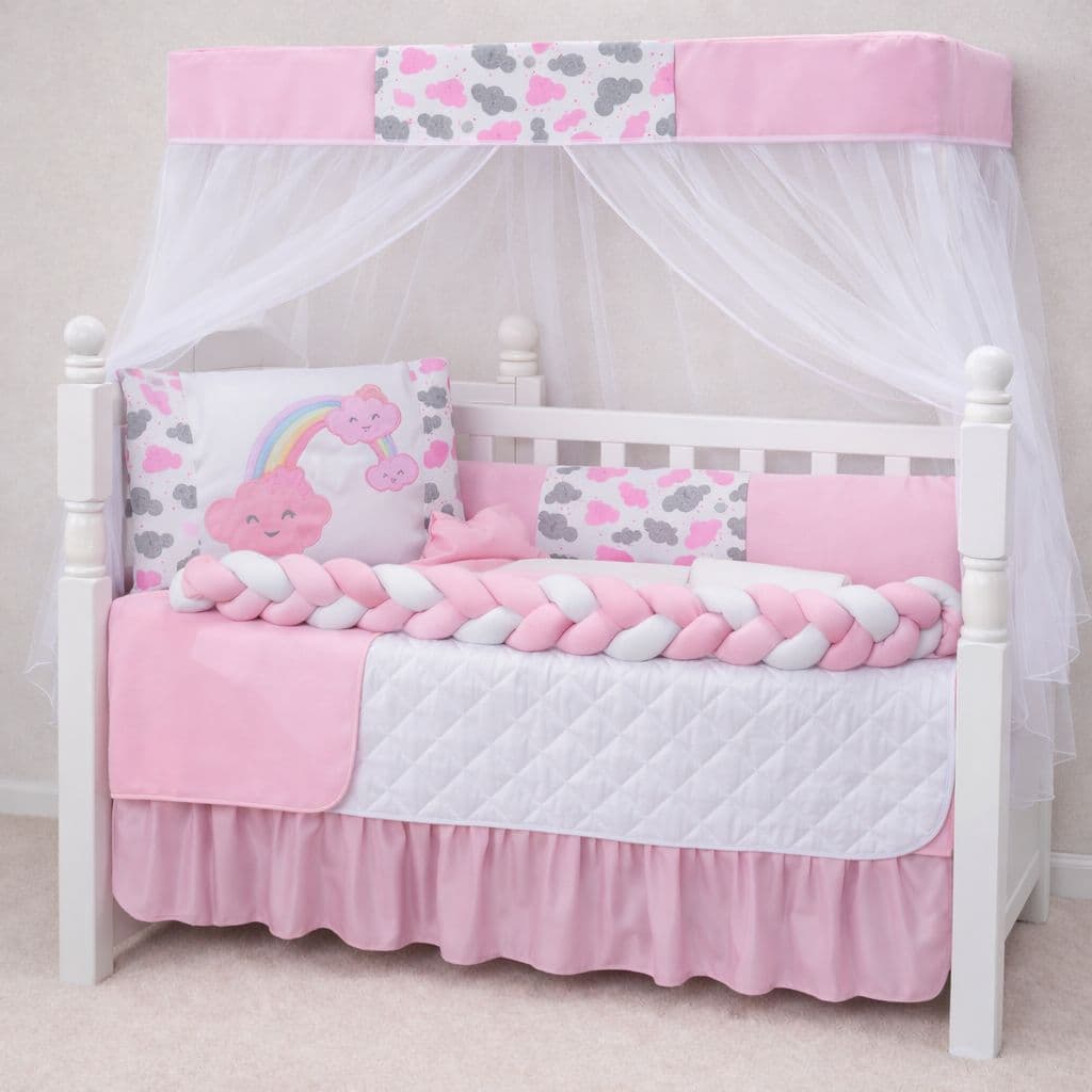 Kit Berço Pop 7 Peças Trança e Mosquiteiro Proteção Bebê Menino e Menina