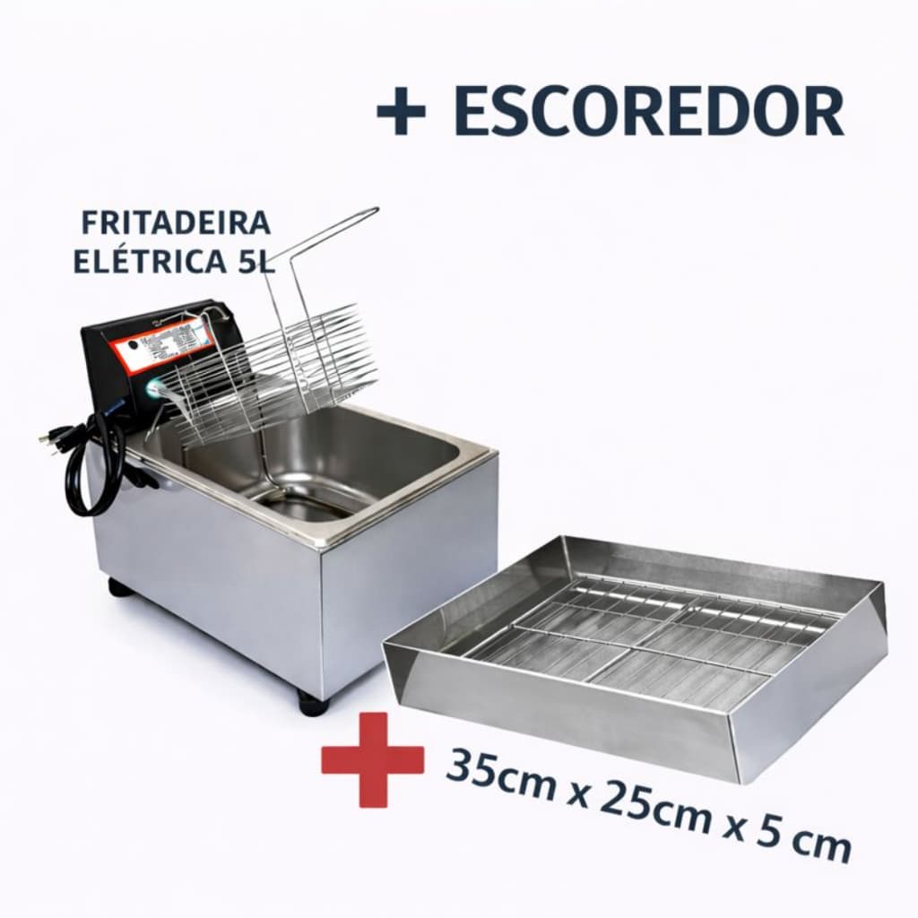 Fritadeira Elétrica Cuba 5L Inox Profissional + Escorredor de Fritura 35x25x5