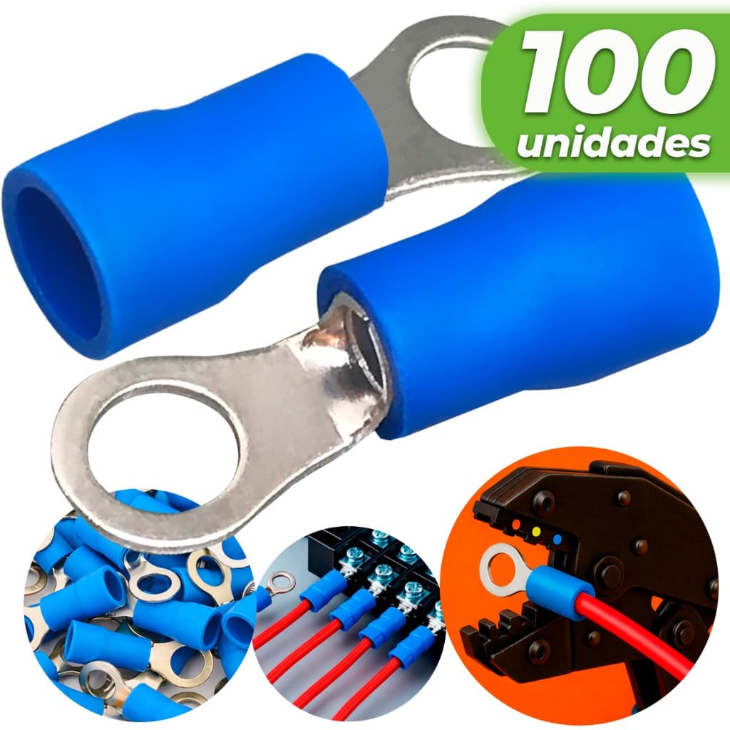 Kit 100un Terminal Olhal Anel Argola Pré-isolado Conector Elétrico 1,5 A 2,5mm Azul Furo 4,3mm