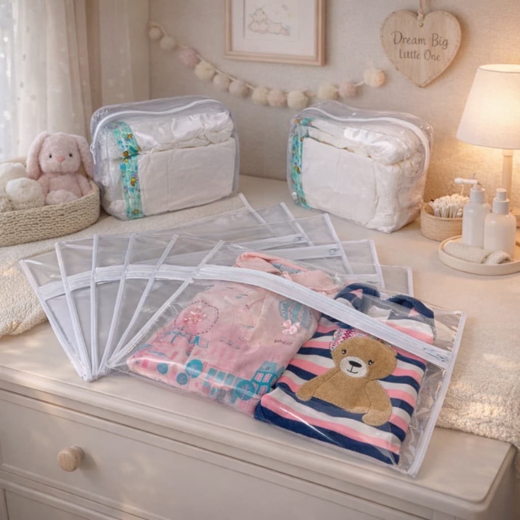 Kit Maternidade 5 Saquinhos + 2 Necessaire Organizador Mala e Viagem Bebê Multiuso Com Zíper Fraldas