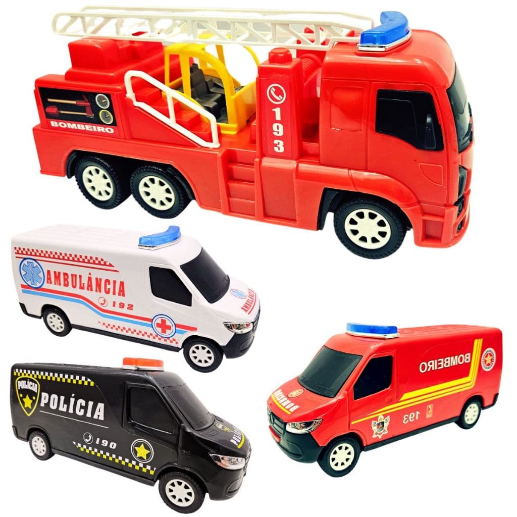 Kit 4 Carros De Resgate Caminhão Bombeiro Furgão Policia Ambulância Bombeiro Brinquedo Atacado