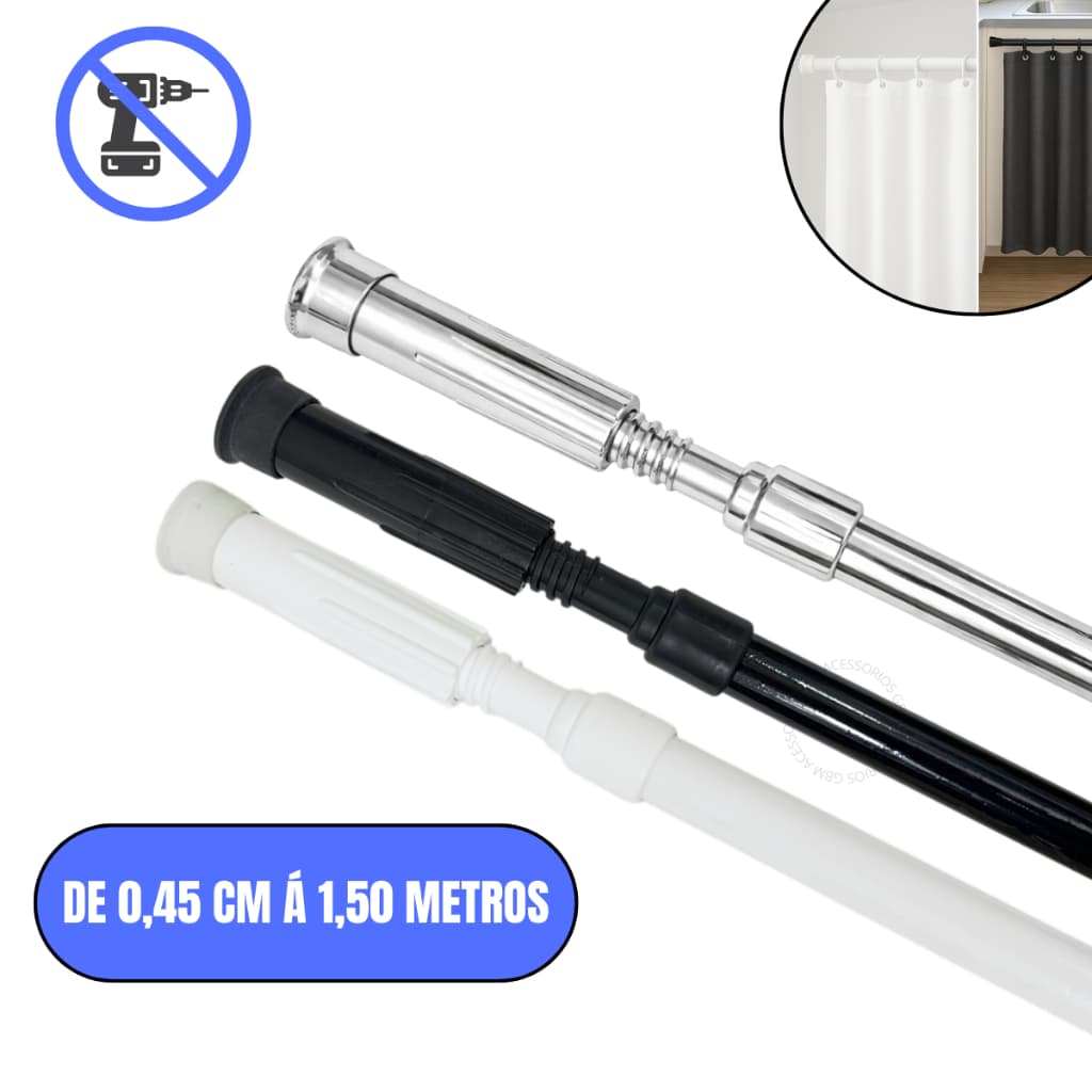 Varão Extensível Ajustável 45cm a 1,50m Cortina Box Banheiro Suporte Sem Furo Branco/Preto/Cromado