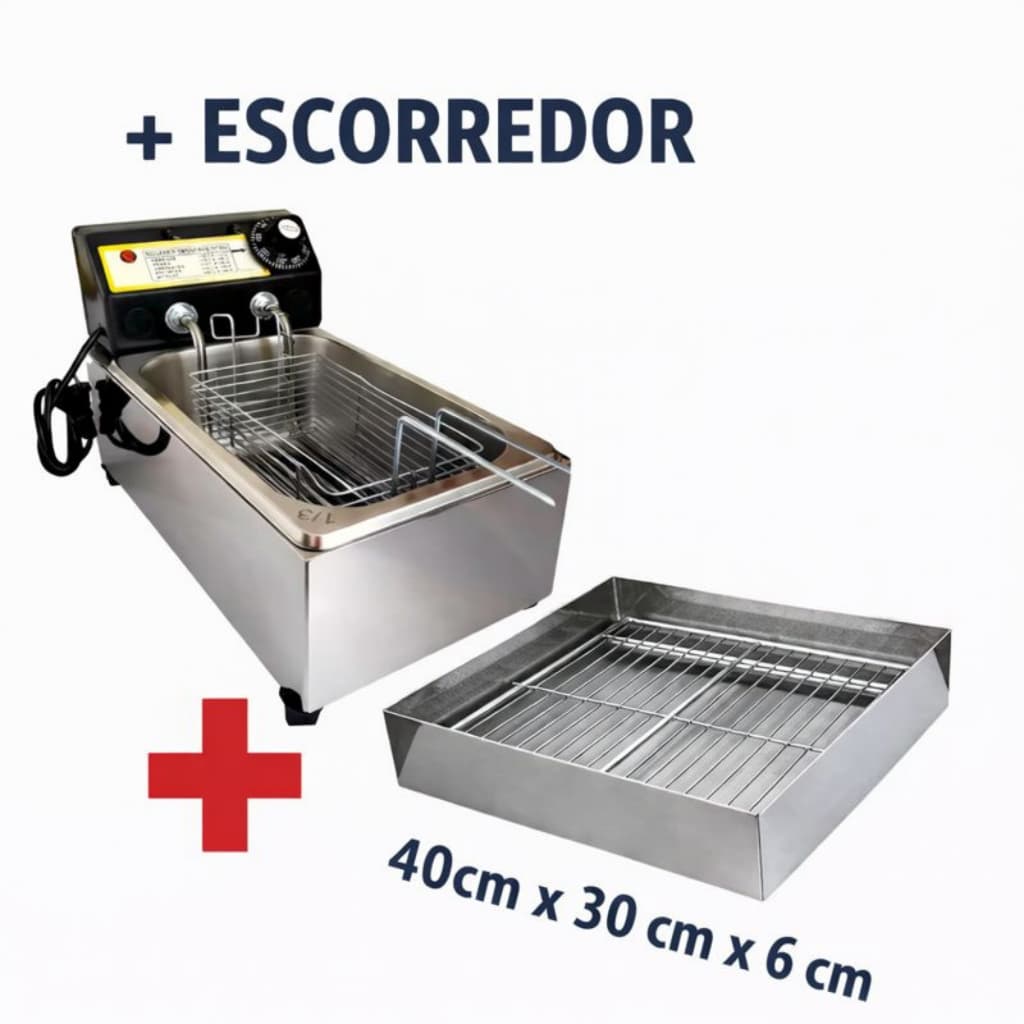 Fritadeira Elétrica Cuba 3,5L Inox Profissional + Escorredor de Fritura 30x40