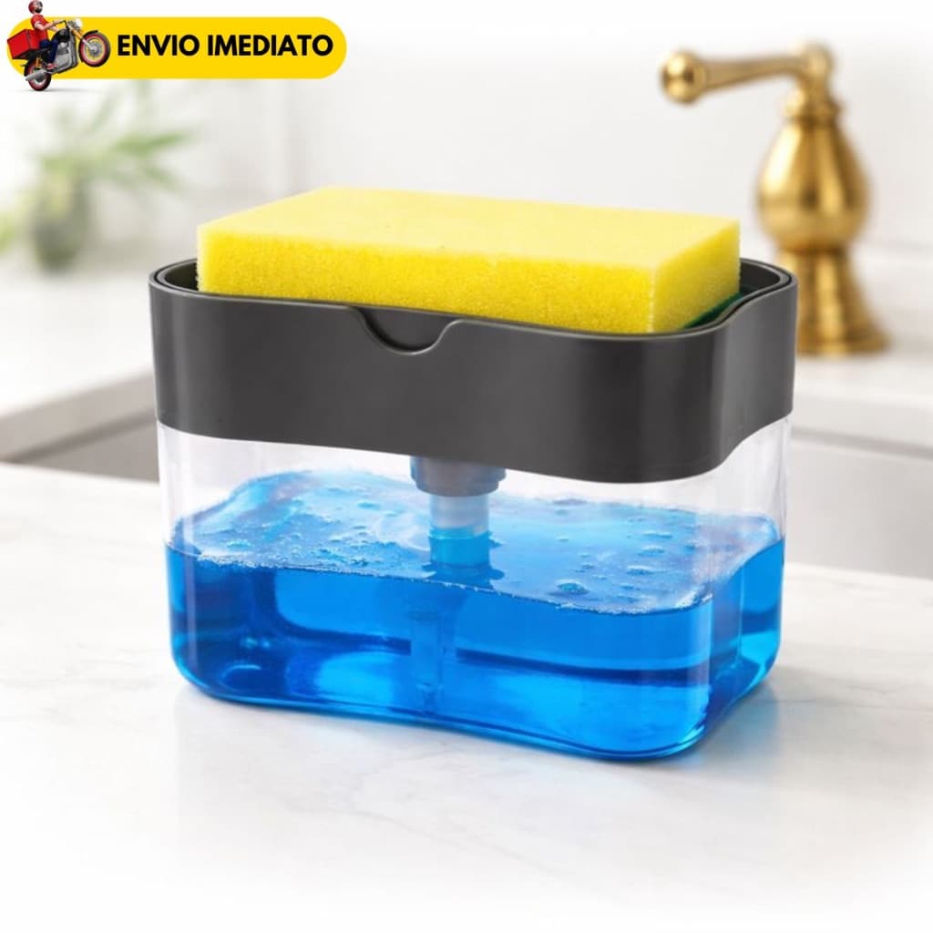 Dispenser Porta Detergente e Sabão Líquido com Suporte para Esponja Cozinha Compacto 650ml Pressão Automática