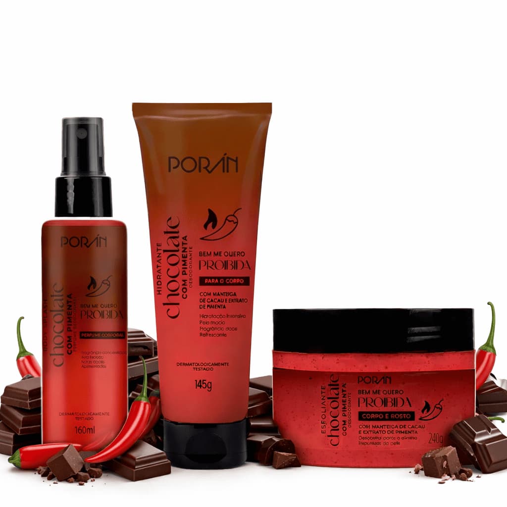 Kit Banho Hidratante Esfoliante Body Splash Chocolate com Pimenta Porán