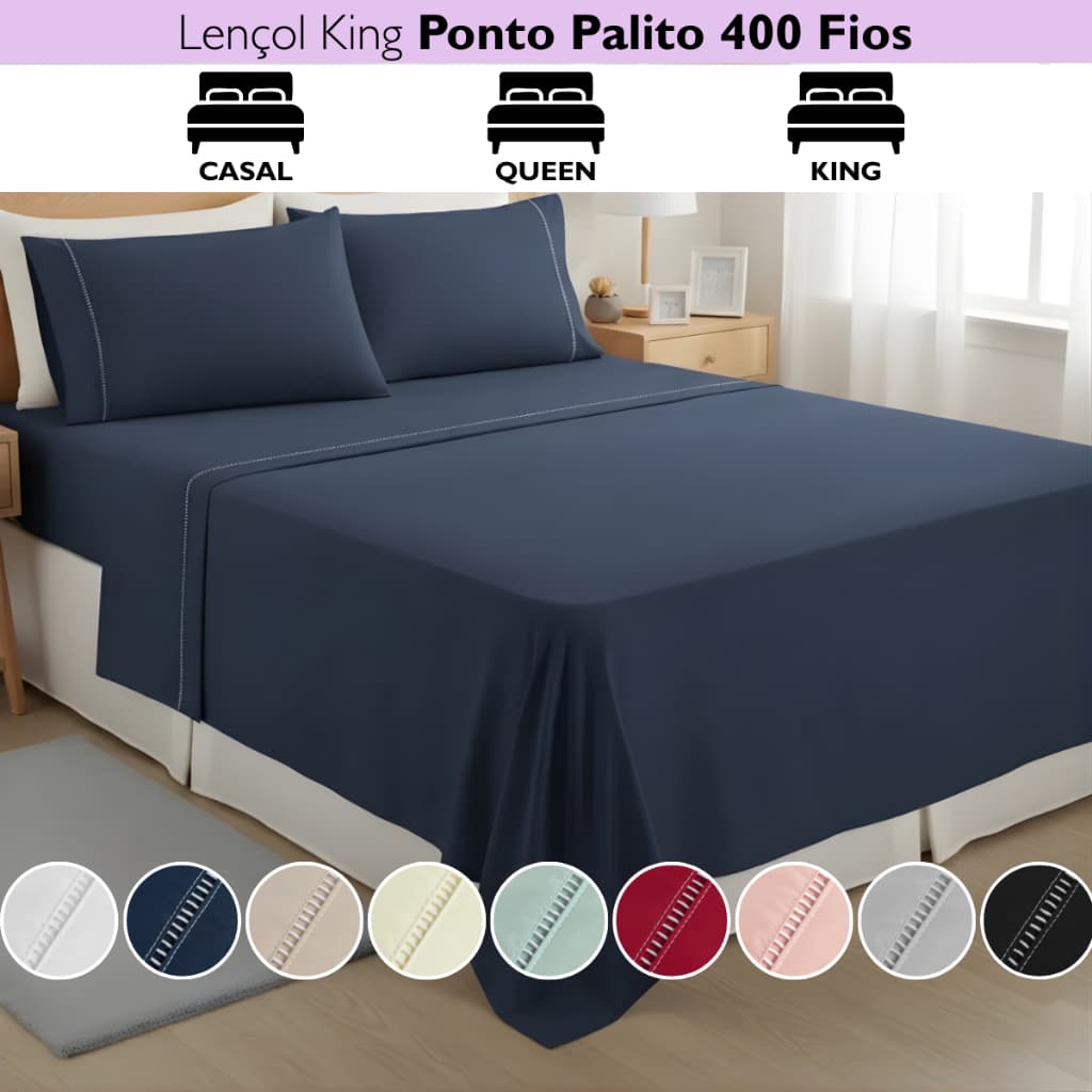 Jogo De Lençol 4 Peças 400 Fios Com Elástico Toque de Seda Detalhe Ponto Palito Lençol de Cima