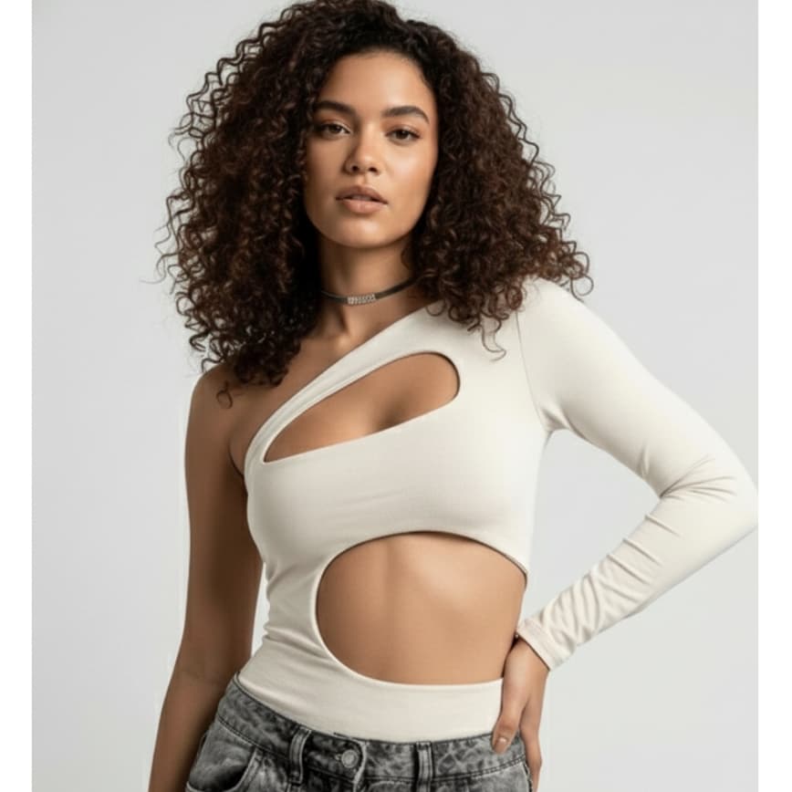 Body Feminino Manga Longa Assimétrico Recorte Busto e Barriga Moda Gringa Estilosa Suplex