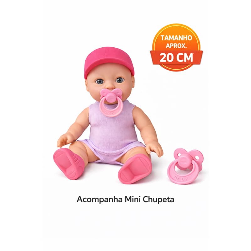 Boneca pequena Bebê roupa LiLás Infantil 20cm com Chupeta Rosa | Brinquedo Menina