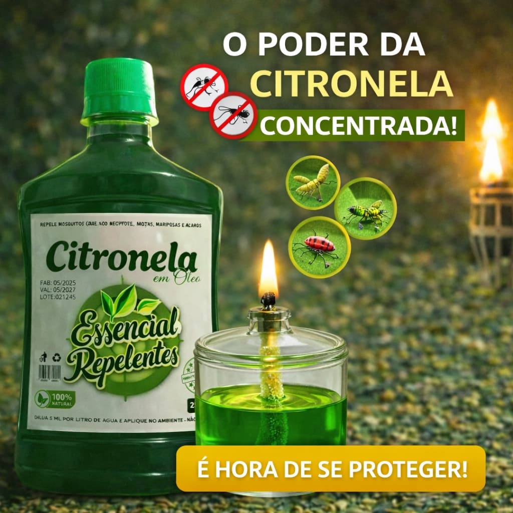 Kit Repelente Natural com Óleo de Citronela 250ml + Lamparina de Vidro 100ml – Proteção Eficiente