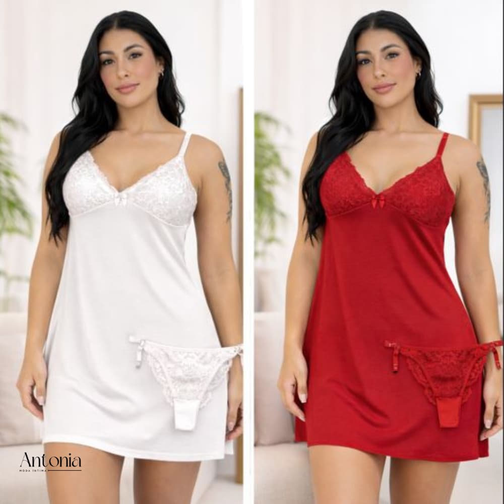 1 Camisola + 1 Calcinha de renda com Regulagem Sexy Renda Feminina Lingerie Sensual Noite Romântica de Dormir Luxo