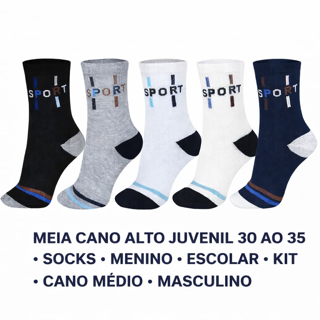 Kit 12 Pares Meias Juvenil Masculina Cano Médio Longo Infantil