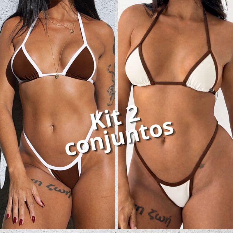 kit 2 biquíni conjunto fita cortininha fio dental bronze bicolor