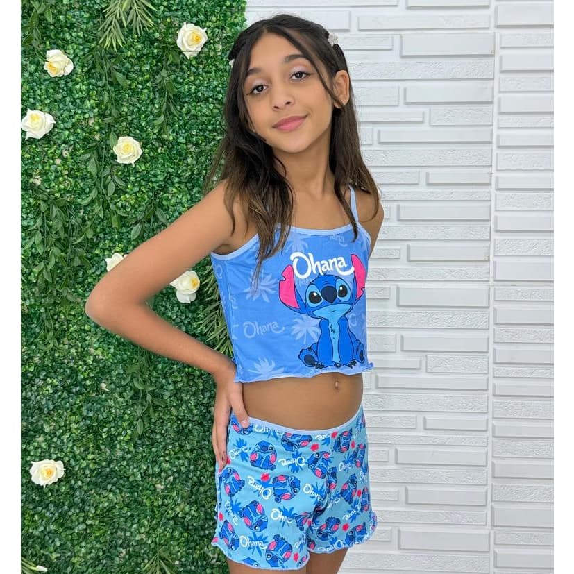 PIjama Baby Doll Cropped + Shortinho Estampado Personagem Moda Infantil Para Dormir Kids Menina