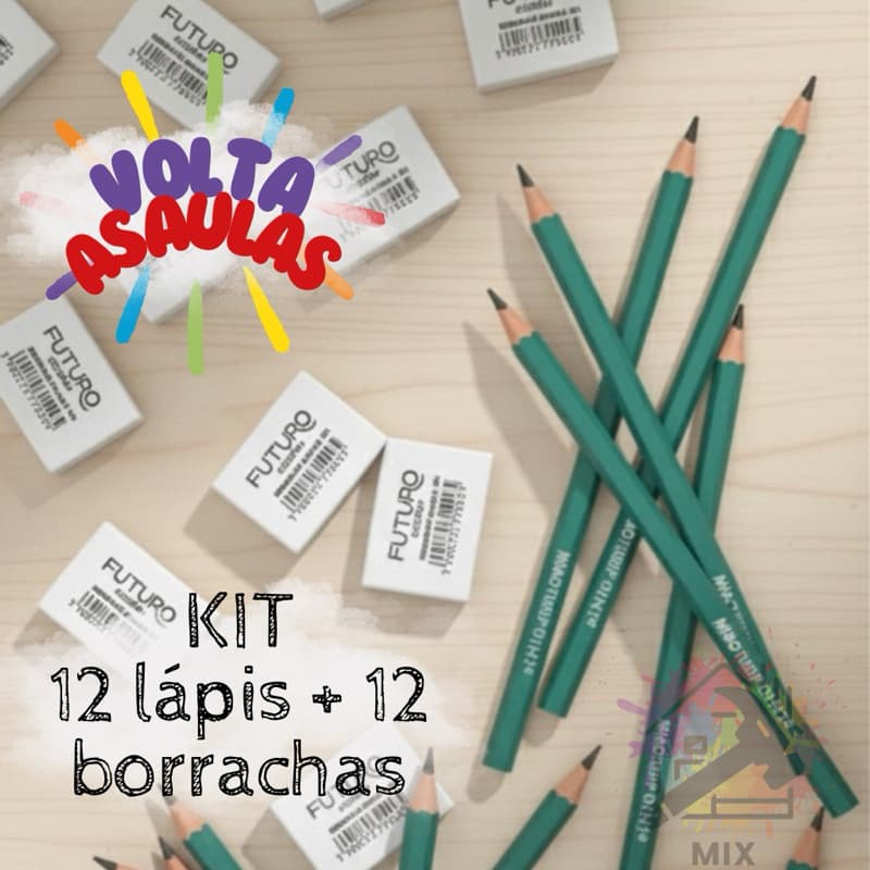 KIT ESCOLAR COM 12 LÁPIS DE ESCREVER Nº 2 + 12 BORRACHAS BRANCAS – USO ESCOLAR E ESCRITÓRIO