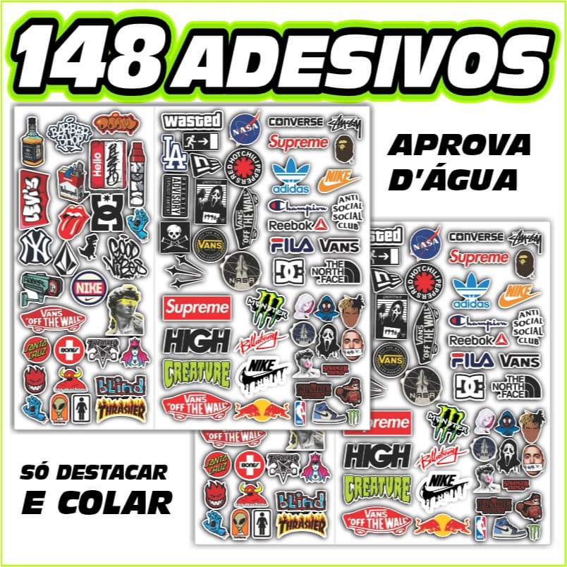 Pack 148 - 60 Adesivos para Skate Surf Marcas Hype Moda - Notebook Mala Carro Moto - À Prova D'água