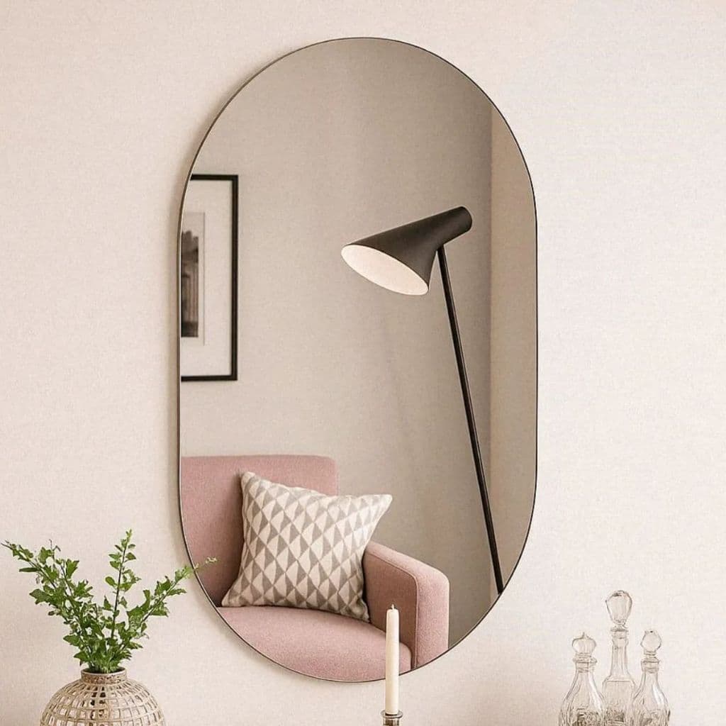 Espelho Oval de vidro lapidado 80x50  CM Escritorio Sala Hall Quarto salão Banheiro. com suporte