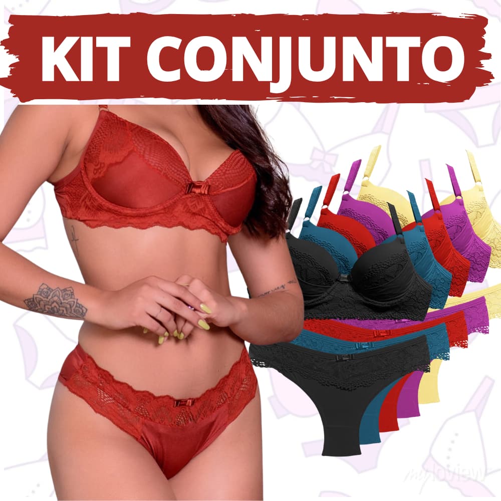 Kit com conjuntos de lingerie calcinha e sutiã com detalhes em Renda Em promoção