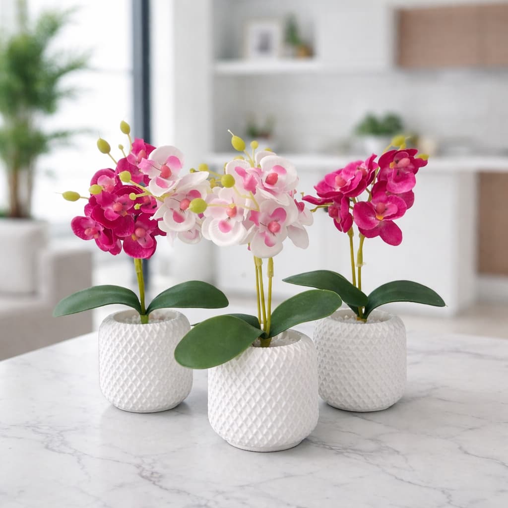 Vasos Decorativos com Orquídea Artificial em Gesso Cerâmico Branco para Sala, Escritório, Casa, Apartamento Decoração