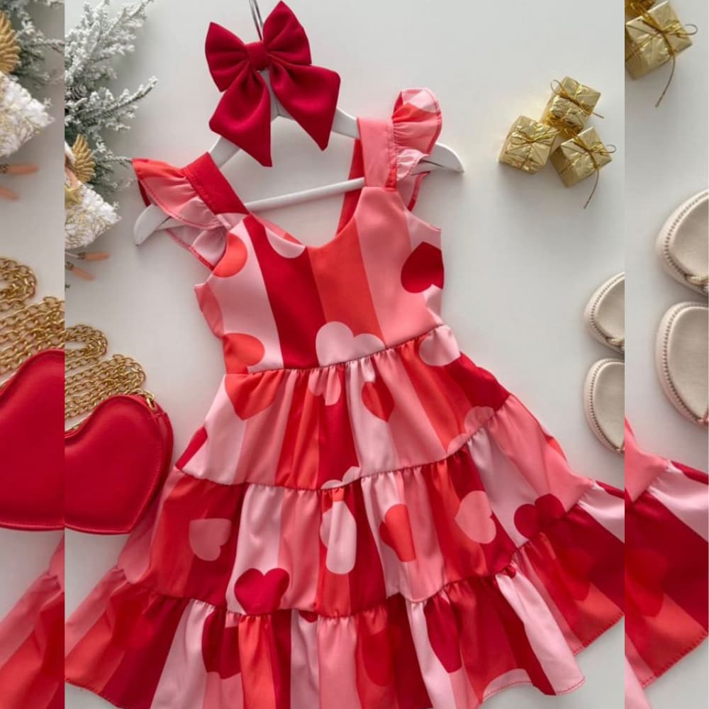 Vestido  Menina Vermelho Coração Luxo Premium 2 ao 10 anos