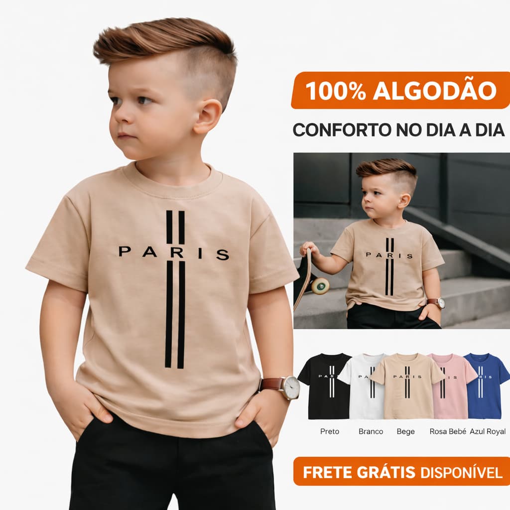 Camiseta Infantil Menino Estampada Algodão Macio 100% para Escola Fio 30.1 Manga Curta Camisa Paris Juvenil